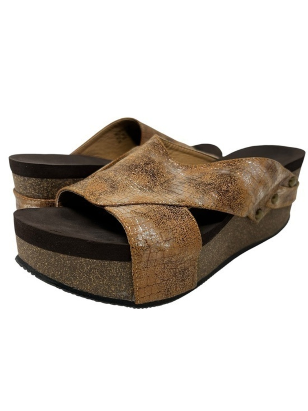 Corkys Platform Slide Mules in Metallic Bronze